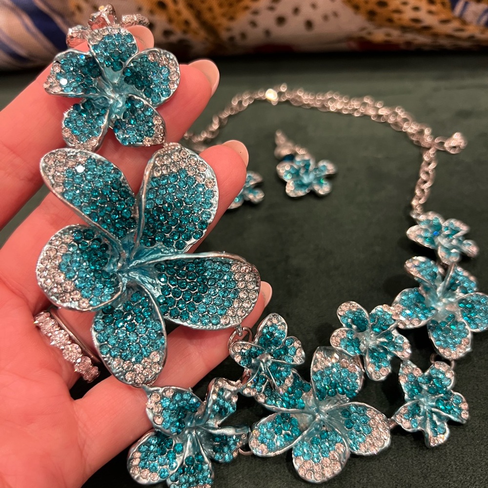 Turquoise Crystal Flower Statement Necklace and Earring Set